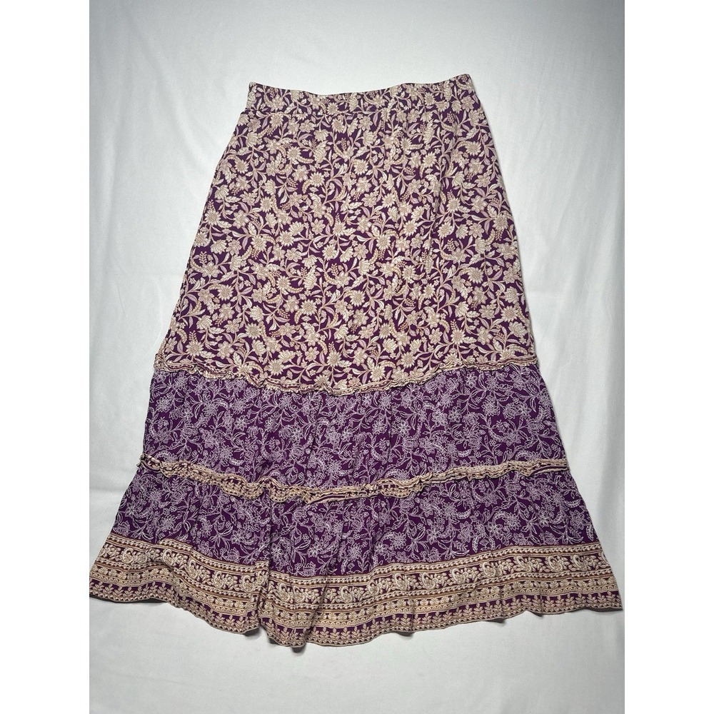 J Jill Mixed Print Ruffle Midi Skirt XS Mulberry‎ Lined Boho Festival Classic - Picture 3 of 5